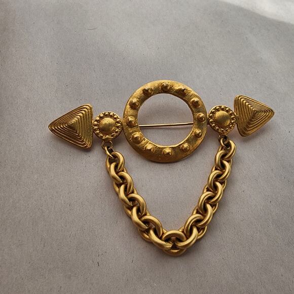 Large Marcy Feld Gold Plated Bar Heart Brooch Arrow Chain Military Statement - Picture 4 of 8